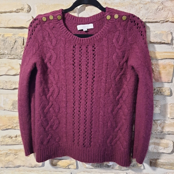 Loft Cable Knit Sweater Burgundy Wool Blend Womens Sz Medium (Small) - Picture 1 of 13